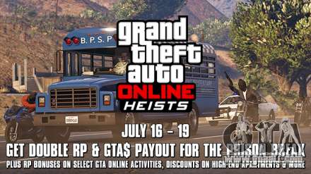 Description current promotions for double award for online Heist «The Prison Break» and side missions in GTA Online.