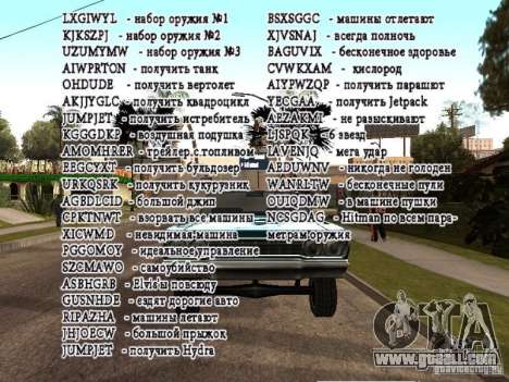 Cheats on the screen for GTA San Andreas