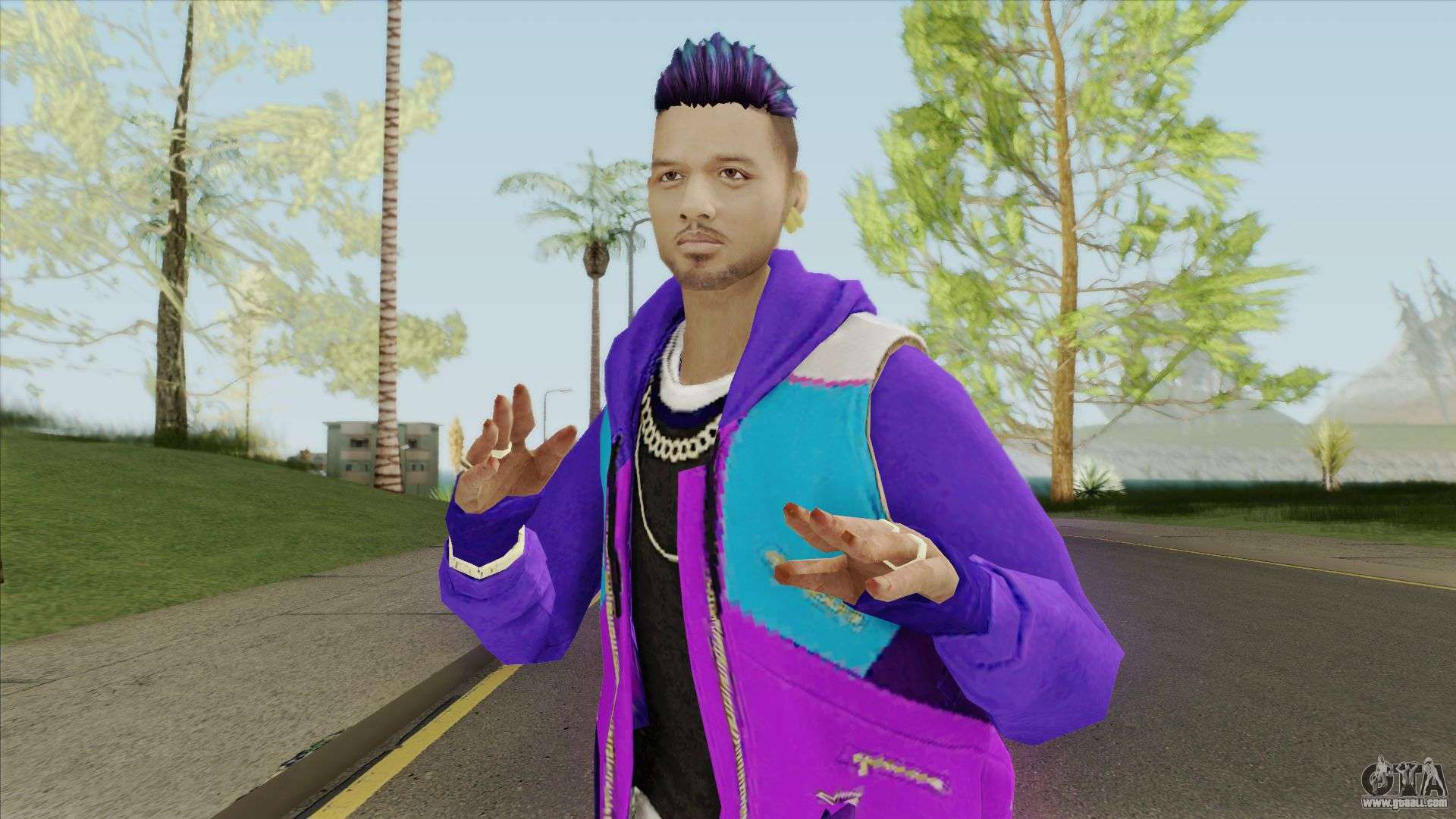 Cyberpunk 2077 style man who's caucasian, muscular, has purple hair, no  facial hair, has a scar on his face, navy blue eyes, blue jeans, purple  shirt, and black leather jacket on Craiyon